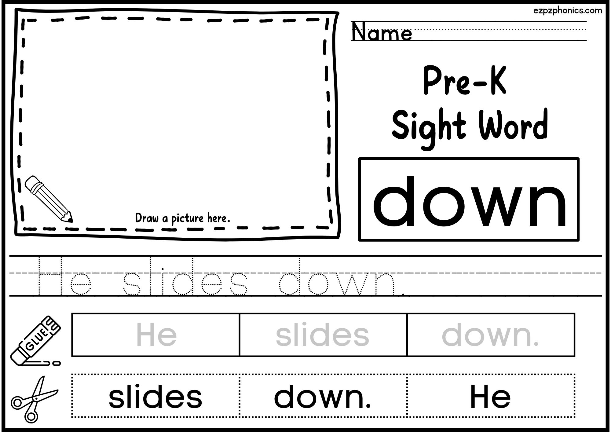 Down Dolch Sight Word Activity. Draw, Color, Cut and Paste, and Word Tracing.